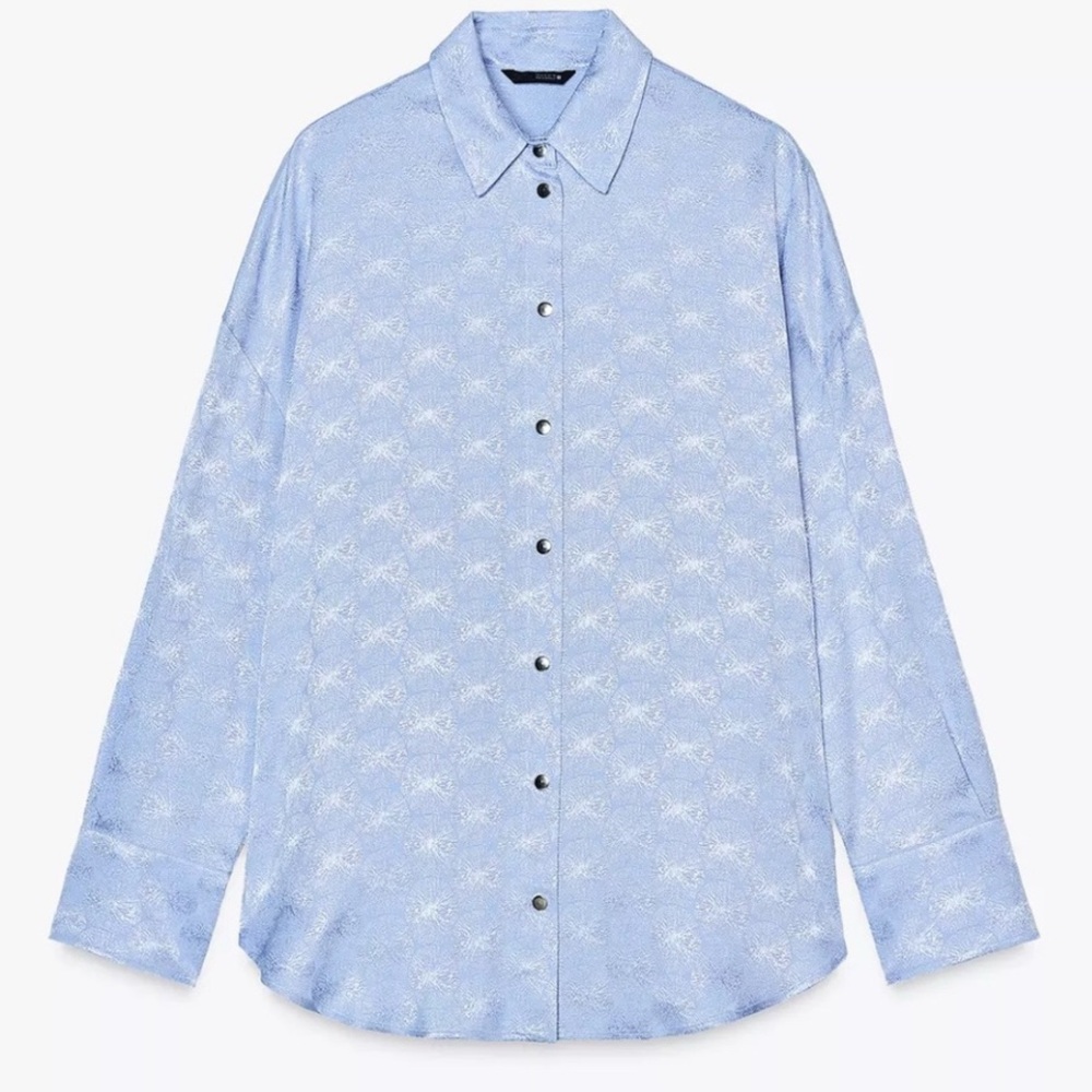 Zara Metallic Powder Blue Jacquard Button Down Shirt